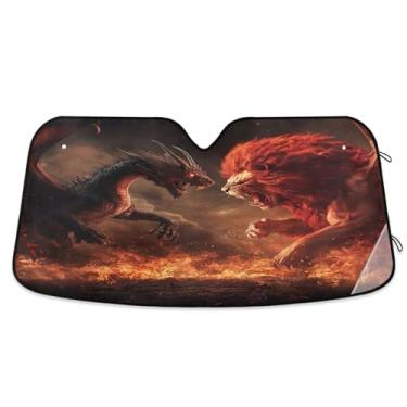 Imagem de Guarda-sol de luta de dragão leão para para-brisa de carro, proteção UV, persiana de janela dianteira do carro mantém o veículo fresco pequeno