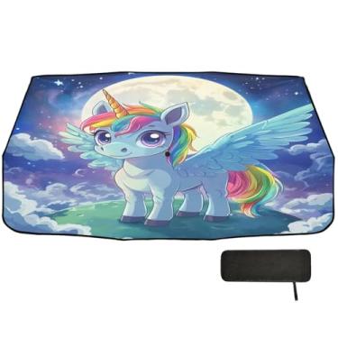 Imagem de Guarda-chuva de carro com bloco UV retrátil de unicórnio arco-íris fofo 147 cm x 75 cm proteção solar para janela de carro