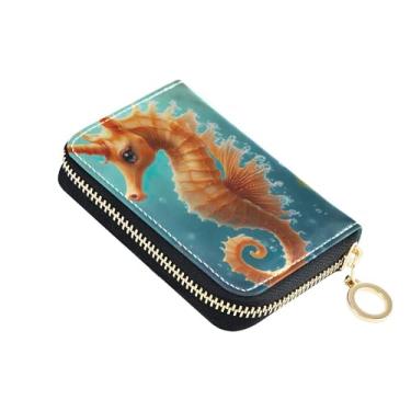 Imagem de Carteiras de cartão de crédito com bloqueio de RFID fofas carteiras femininas de couro com zíper lindo cavalo marinho unicórnio