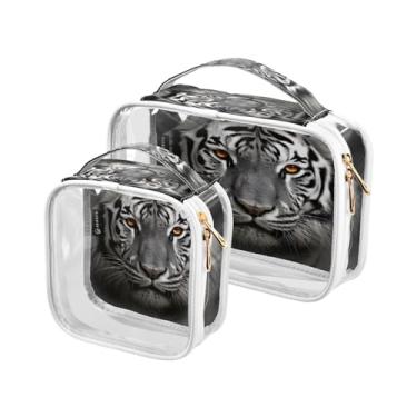 Imagem de GAIGEO Conjunto de bolsa de maquiagem transparente com flores violeta com folhas, bolsa de maquiagem de plástico, bolsas de higiene pessoal de viagem para mulheres, pacote com 2, Tigre branco - 4, one