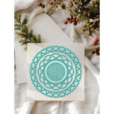 Imagem de 1 estêncil de matriz de corte de aço carbono, cor redonda de aço inoxidável com padrão de borda de coração para álbum de fotos faça você mesmo, cartão de papel decorativo em relevo, 11 x 11 x 0,1 cm