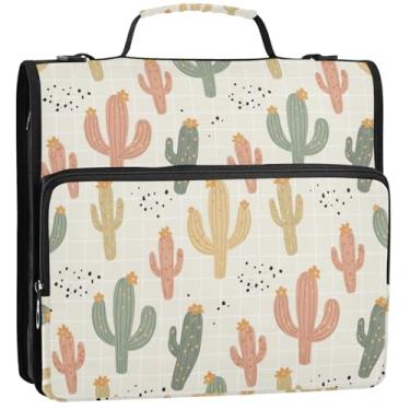Imagem de Organizador de fichário peculiar cactos pastel pêssego rosa com zíper 3 argolas de 3 anéis bolsa resistente com alça para portfólio escolar e suporte de pasta de anéis, 34,5 x 31,5 x 9 cm