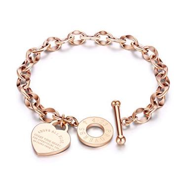 Imagem de yipima Pulseira feminina com pingente de coração de aço inoxidável em tom de ouro/prata/ouro rosa 14K, versículo da Bíblia, gravado, OT, One Size, Metal, Sem Pedra Preciosa