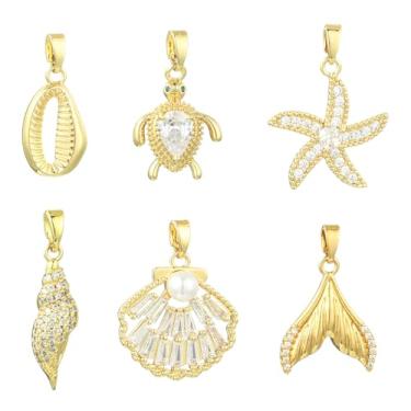 Imagem de UR URLIFEHALL 6 peças de pingentes de latão, vida oceânica, animais marinhos, 6 estilos, zircônia, estrela-do-mar, concha e rabo de peixe para fazer você mesmo, colar, brincos, joias