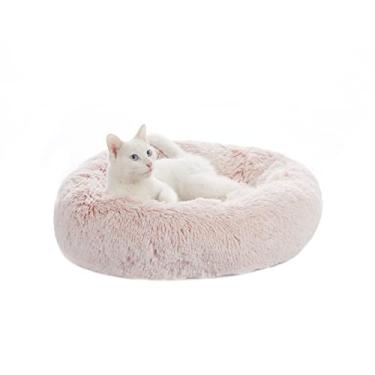 Imagem de Bedfolks Cama de gato de donut calmante, Dia23 camas redondas fofas para cães pequenos, lavável à máquina e anti-ansiedade cama de cachorro de pelúcia (rosa, pequena)