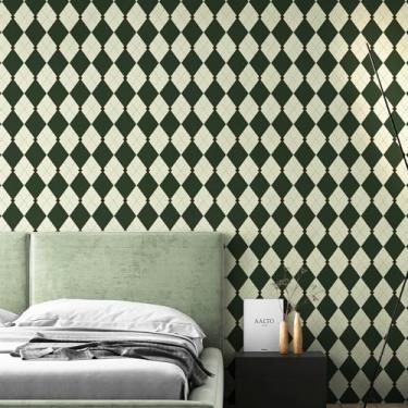 Imagem de Simon&Siff Papel de parede retrô descascar e colar papel de parede preto e verde vintage xadrez geométrico britânico papel de parede para banheiro armário de cozinha papel de contato 43,9 cm x 1,219