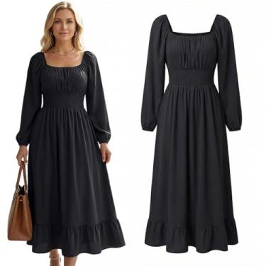 Imagem de Vestido curto rodado com mangas de lanterna e decote quadrado