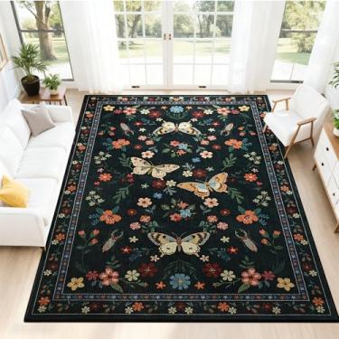 Imagem de FALARK Tapetes laváveis para sala de estar, tapete com estampa floral borboleta de 10 x 15 cm, antiderrapante para quarto, jantar, escritório, sala de jogos, decoração de casa, preto