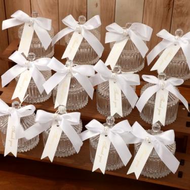 Imagem de JarThenaAMCS 12 conjuntos de frascos de vidro transparente para lembrancinhas de batismo com tampa, laço de fita de pérola, etiqueta de agradecimento, recipiente de cristal para aniversário, chá de