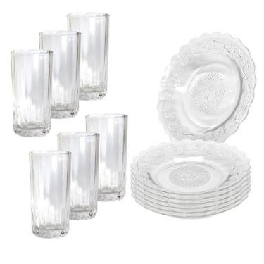 Imagem de Jogo 12 Peças Aparelho de Jantar 6 Pratos Fundo Liso Vidro + 6 Copos L