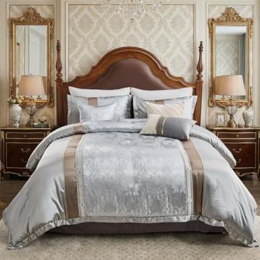 Imagem de Bedduvit Luxuoso conjunto de edredom queen sedoso de 7 peças – edredom macio com estampa floral, patchwork, tamanho Queen, cinza prateado, conjunto de cama alternativo com saia de cama, fronhas e