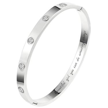 Imagem de Camhanno Pulseiras de aço inoxidável gravadas para mulheres – inspirador, amizade, amor, mãe, filha, irmã, cristã, formatura, memorial e presentes de casamento, Medium, Aço inoxidável, Strass