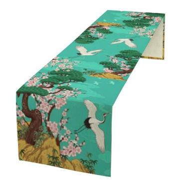 Imagem de Caminho de mesa de guindaste de flor de cerejeira japonês, pinheiro asiático, pássaros, verde fazenda, rústico, corredor de mesa para festas, férias, sala de jantar/cozinha, 33 x 272 cm
