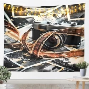Imagem de Tapeçaria com tema de fotografia, arte de pendurar na parede de filme fotográfico vintage, crianças, adolescentes, mulheres, homens, câmera antiga, decoração de parede, cobertores, retrô, preto