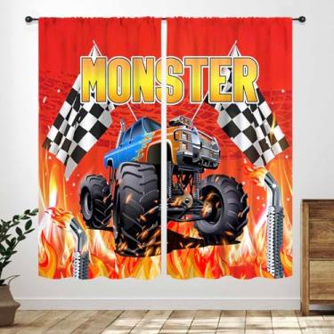 Imagem de Cortinas de caminhão para quarto de meninos, trator de chamas vermelhas, caminhão, carro, bandeira de corrida de monstros legais, adolescentes, crianças, sala de estar, sala de jogos, berçário