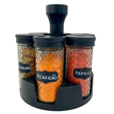 Imagem de Porta Tempero Giratório com 6 Potes de Vidro, Etiquetas para Identificação, Base Rotativa 360°, Organizador de Cozinha para Condimentos e Mantimentos (544-portatemperodiamondcomcane)