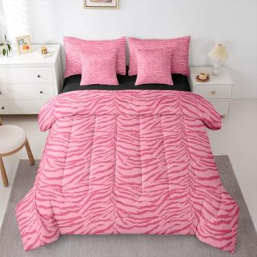 Imagem de Erosebridal Jogo de cama casal com estampa de tigre rosa, tamanho casal, para mulheres, homens e adultos - Conjunto de edredom com estampa de pele de tigre selvagem com estampa de animal de tigre e