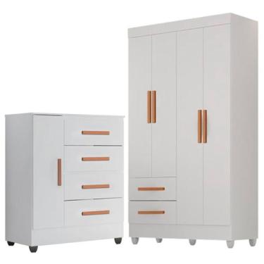 Imagem de Kit Guarda-Roupa Solteiro 4 Portas com Cômoda Sapateira Lisa Branco - 