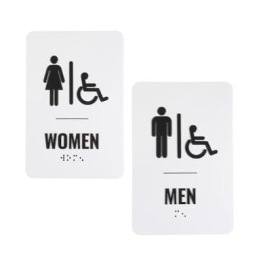 Imagem de Placa de banheiro ADA | masculino/feminino/unissex | Braille | 15 x 23 cm (par preto/branco)