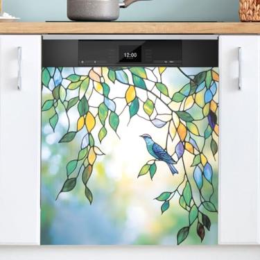 Imagem de Adesivo de ímã de tampa magnética de vidro manchado de folha de pássaro para cozinha 58 x 66 cm capa de ímã de máquina de lavar louça ímã de geladeira painel almofada de decalque