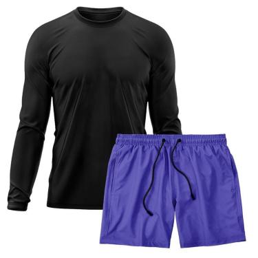 Imagem de Kit Short Praia Academia Passeio Treino Azul + Manga Longa Masculina Segunda Pele Dry-Masculino
