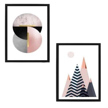 Imagem de Kit 2 Quadros Geométricos Rosê Com Preto 24X18 Vidro Preta