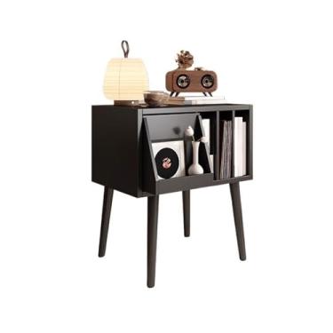 Imagem de VHDY85KA Armário organizador de CD retrô com gaveta oculta suporte de prateleira de armazenamento de disco de vinil de madeira (preto)