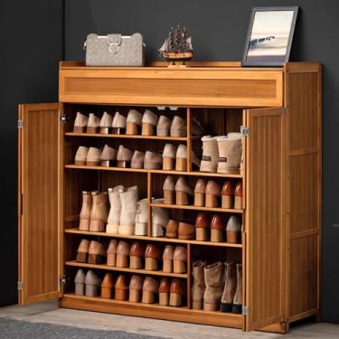 Imagem de Armário de sapatos de grande capacidade, 7 níveis, 4 portas, armário de armazenamento de sapatos de bambu, porta de entrada, design de porta com aba superior, armário estreito para sapatos, 33 cm