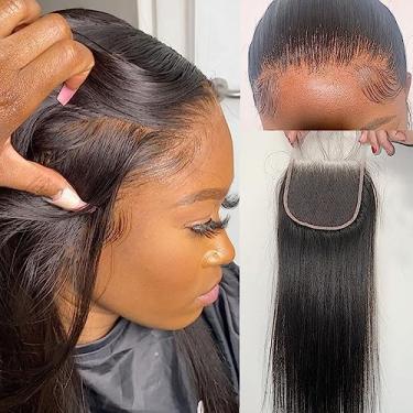 Imagem de Topnormantic Fecho de renda 4x4, fecho de renda suíça transparente invisível pré-arrancado com cabelo de bebê 12A seda e cabelo humano Remy brasileiro liso macio com nós descoloridos 50 cm