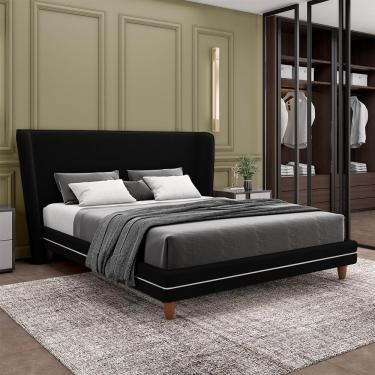 Imagem de Conjunto Cama com Cabeceira Casal Torres Pés em Madeira Veludo Preto G91 - Gran Belo