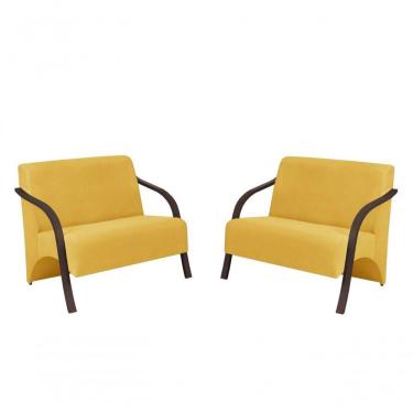 Imagem de Kit 2 Poltronas Namoradeira 2 Lugares Suede Madeira Amarelo