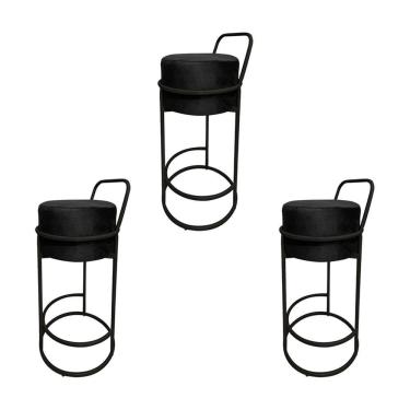 Imagem de Kit 3 Banquetas Alta Redonda Base Preta Veludo - Preto