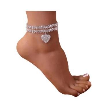 Imagem de Pulseira De Tornozelo Feminina Com Coração Duplo De Cristal Brilhante 