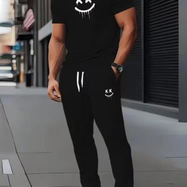 Imagem de Kit Camisa Camiseta Calça Moletom Masculino Smile Conjunto Preto Stree