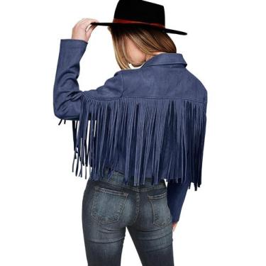 Imagem de Casaco PRETTYGARDEN de Camurça Sintética com Franjas Azul Haze P