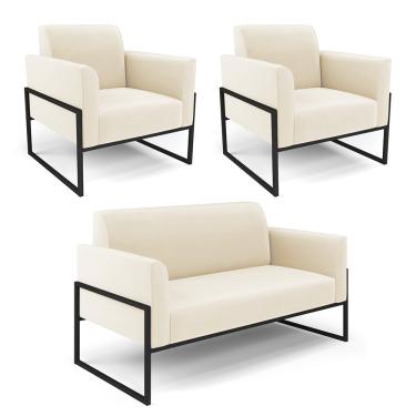 Imagem de Sofá Namoradeira com 2 Poltronas Base Industrial Alta Preto Marisa Veludo D03 - D'Rossi