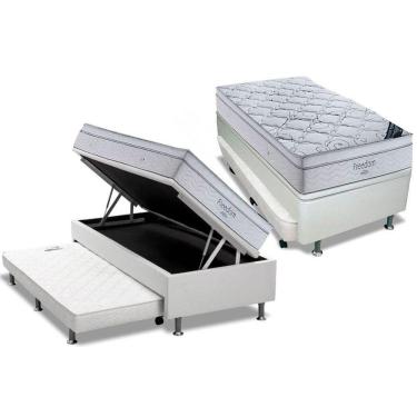 Imagem de Cama Box Baú C/auxiliar Solteiro: Colchão Molas Ortobom Superpocket Freedom Visco + Base Crc Courano Branco(88x188)