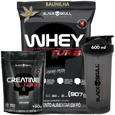 Imagem de Kit Whey Protein Concentrado 907g Refil Creatina Monohidratada 150g Coqueteleira 600ml Black Skull-Unissex