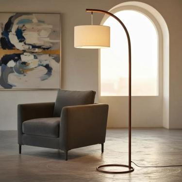 Imagem de Luminária de Chão Abajur de Piso Lauren Cúpula Cilíndrica Linho Moderno