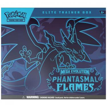 Imagem de Box de Treinador Elite Pokémon TCG Mega Evolution Phantasmal Flames Pokémon multicolorido com 9 boosters
