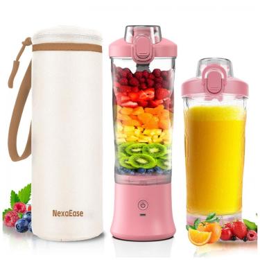 Imagem de Liquidificador portátil NexaEase 600ml rosa com capa térmica bege recarregável USB-C para shakes e smoothies