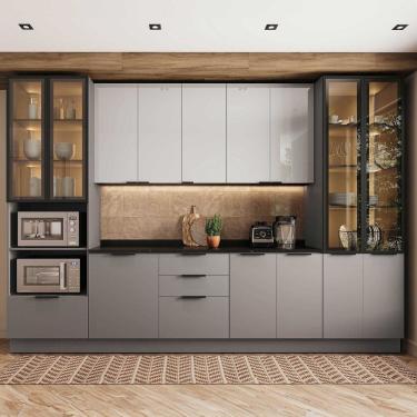 Imagem de Cozinha Telasul Lumina 6 Peças com Paneleiro para Forno e Micro com Vidro Fumê e Iluminação Cinza