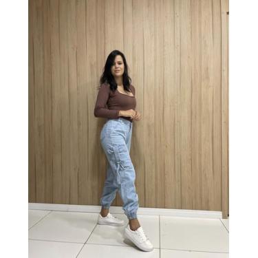 Imagem de Calça Jogger Cargo Delave Feminina Cintura Alta Cor:DelaveTamanho:38 -