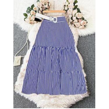 Imagem de Saia Listrada Azul e Branco 3 Marias Midi Casual Evangelica - Show sto