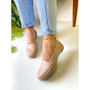Imagem de Mocassim Feminino Nude Couro Legítimo Sapatilha Bico Quadrado Marca Ni
