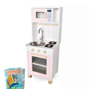 Imagem de Cozinha Infantil com Pia Fogão e Microondas Rosa Bebê Kit Livro Educat