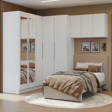 Imagem de Quarto Completo de Canto Solteiro 415 cm Guarda-Roupa com Espelhos Branco Neo Madesa 02