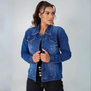 Imagem de Jaqueta Feminina Jeans Tradicional com Bolsos Frontais Strass na Gola Tradicional-Feminino