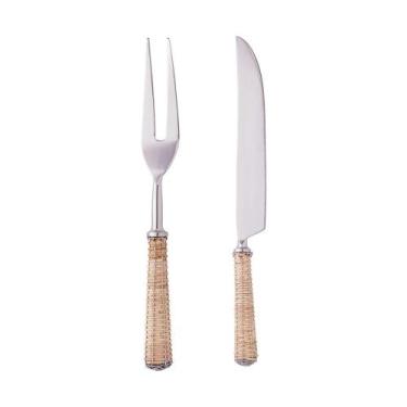 Imagem de Conjunto Faca E Garfo Para Assado Wolff Aço Inox Cabo De Rattan Prata