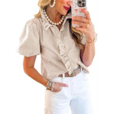 Imagem de Camiseta feminina Disamer, mangas fofas, com botões e babados, listrad